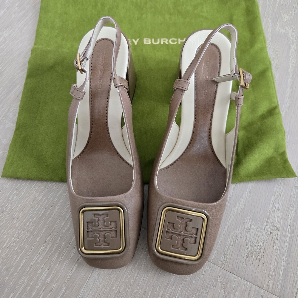 Tory Burch Tan Heels with Square Buckle